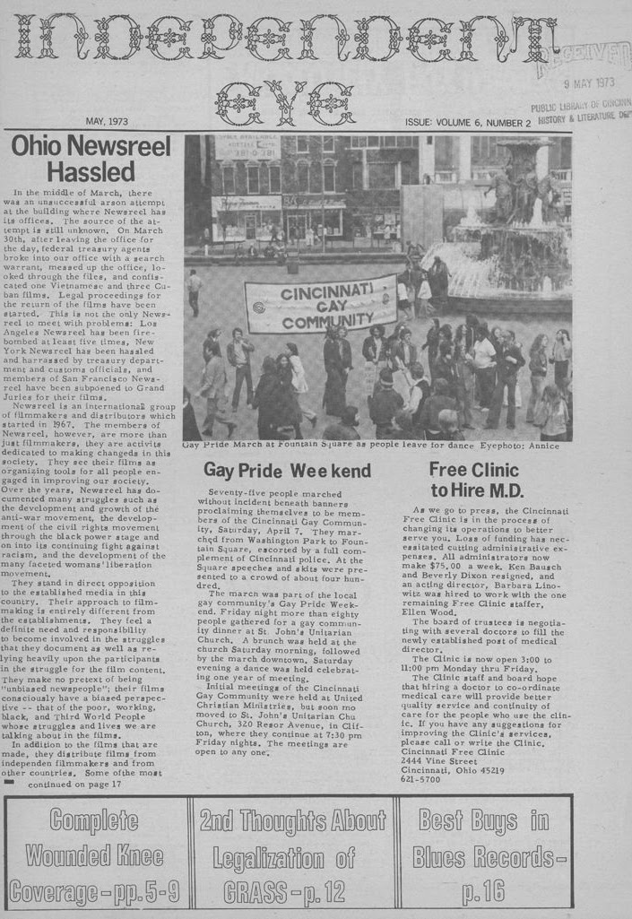Front page of The Independent Eye, May 1973, with a photo of the Cincinnati Gay Community banner on Fountain Square.